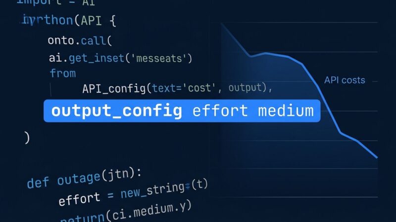 Python code snippet showing Claude Opus 5 effort parameter with output_config effort medium, illustrating API cost optimization routing strategy
