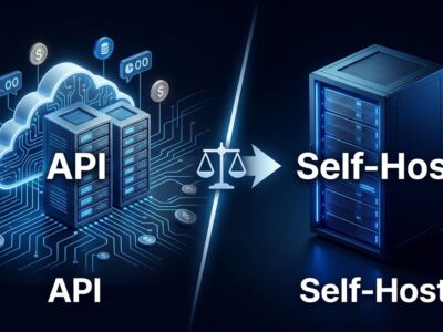 Open-weight AI models vs API: split illustration showing cloud API servers and on-premise GPU rack