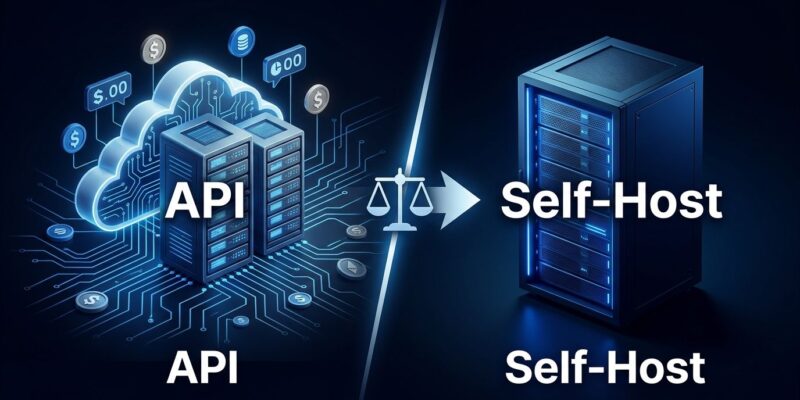 Open-weight AI models vs API: split illustration showing cloud API servers and on-premise GPU rack