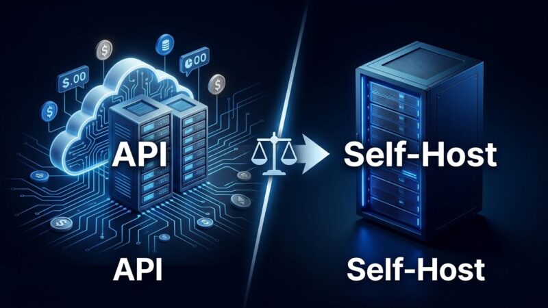 Open-weight AI models vs API: split illustration showing cloud API servers and on-premise GPU rack