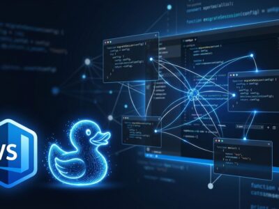VS Code 1.135 featuring Agent Host Protocol and Rubber Duck experimental reviewer — code editor with glowing blue agent network connections