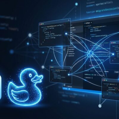 VS Code 1.135 featuring Agent Host Protocol and Rubber Duck experimental reviewer — code editor with glowing blue agent network connections