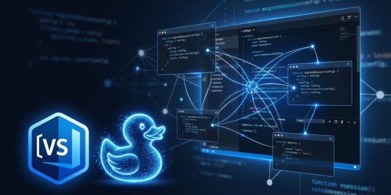 VS Code 1.135 featuring Agent Host Protocol and Rubber Duck experimental reviewer — code editor with glowing blue agent network connections