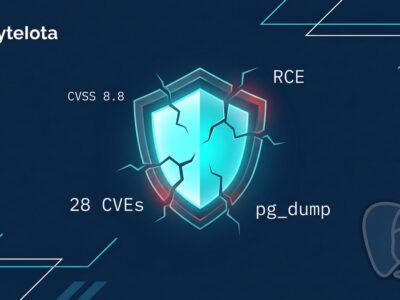 PostgreSQL security patch shield with CVE labels and CVSS 8.8 warning indicators