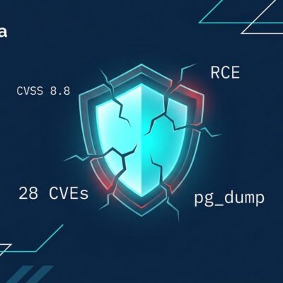 PostgreSQL security patch shield with CVE labels and CVSS 8.8 warning indicators
