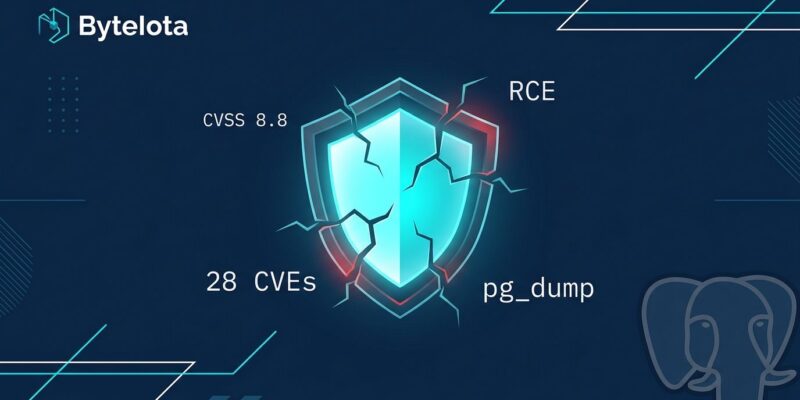 PostgreSQL security patch shield with CVE labels and CVSS 8.8 warning indicators