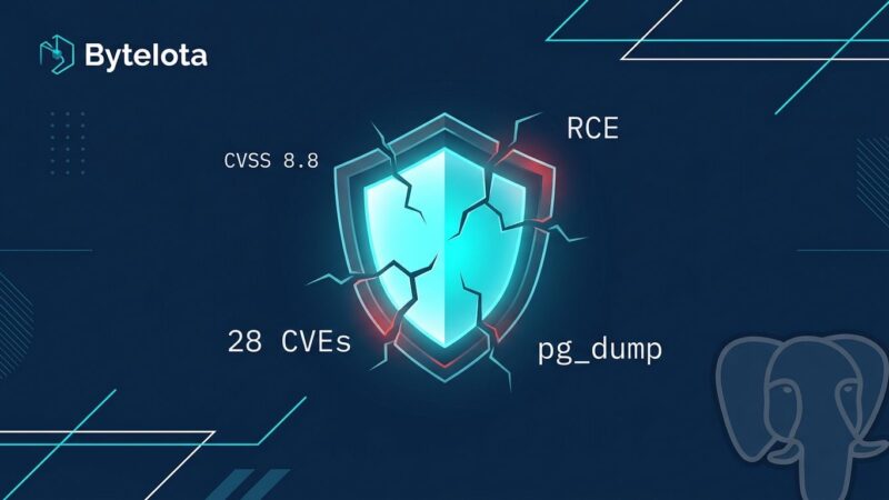 PostgreSQL security patch shield with CVE labels and CVSS 8.8 warning indicators