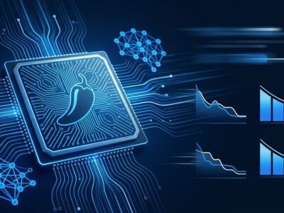 OpenAI Jalapeño custom AI inference chip with glowing blue circuit patterns representing the ASIC designed with Broadcom