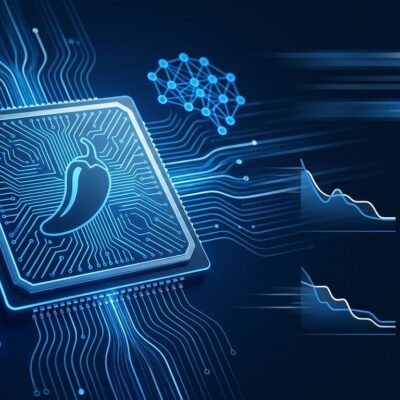 OpenAI Jalapeño custom AI inference chip with glowing blue circuit patterns representing the ASIC designed with Broadcom