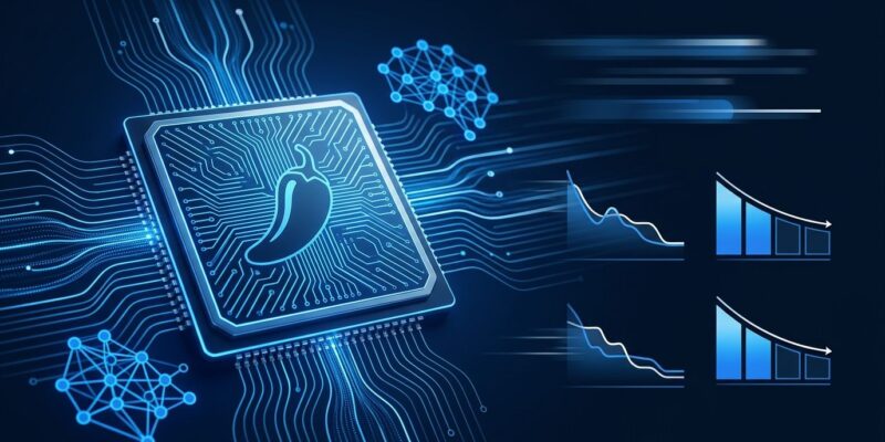 OpenAI Jalapeño custom AI inference chip with glowing blue circuit patterns representing the ASIC designed with Broadcom