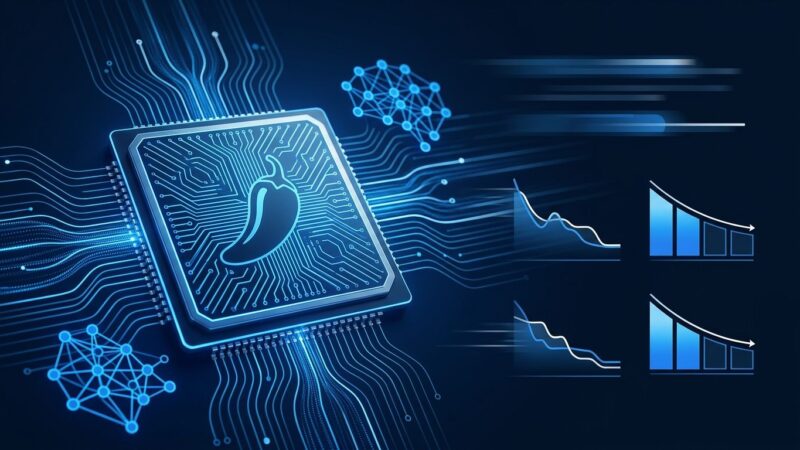 OpenAI Jalapeño custom AI inference chip with glowing blue circuit patterns representing the ASIC designed with Broadcom