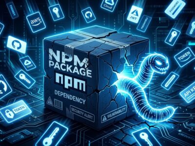 npm package box with supply chain worm and credential cards, cybersecurity illustration