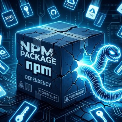 npm package box with supply chain worm and credential cards, cybersecurity illustration