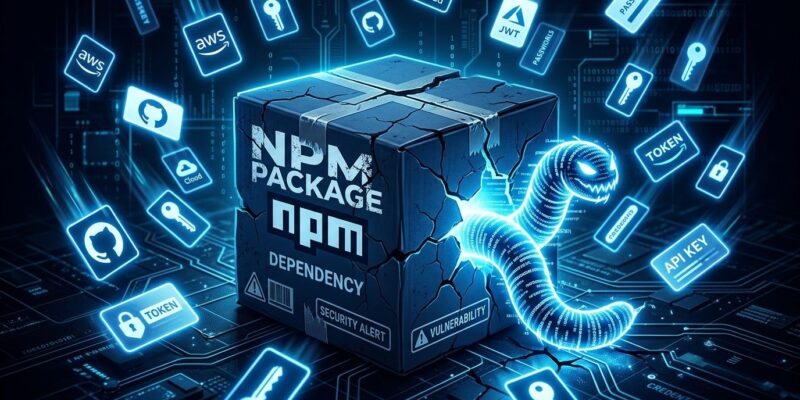 npm package box with supply chain worm and credential cards, cybersecurity illustration