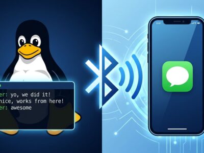 Split-screen illustration showing Linux and iPhone connected via Bluetooth for iMessage integration