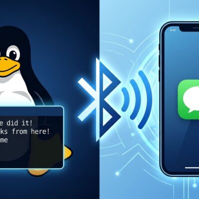Split-screen illustration showing Linux and iPhone connected via Bluetooth for iMessage integration