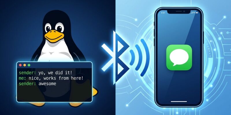 Split-screen illustration showing Linux and iPhone connected via Bluetooth for iMessage integration