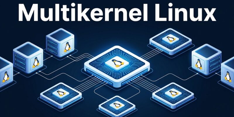 Linux multikernel architecture diagram showing host kernel distributing resources to multiple spawn kernels without a hypervisor