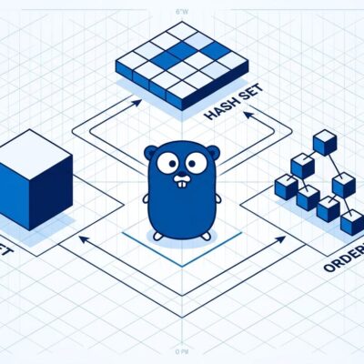 Isometric 3D illustration showing Go generic collection types including set.Set, ordered.Map, and hash.Set as floating geometric containers