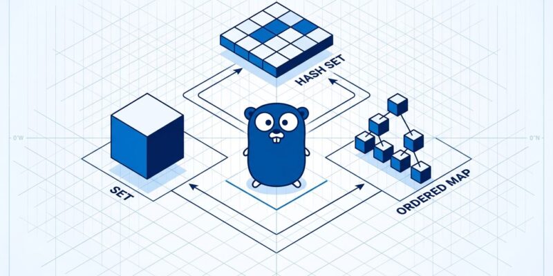 Isometric 3D illustration showing Go generic collection types including set.Set, ordered.Map, and hash.Set as floating geometric containers