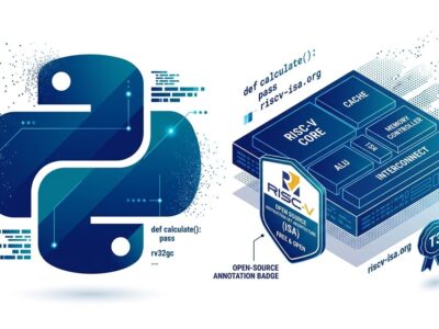 Python logo and RISC-V chip symbol side by side representing CPython's first open ISA Tier 3 support
