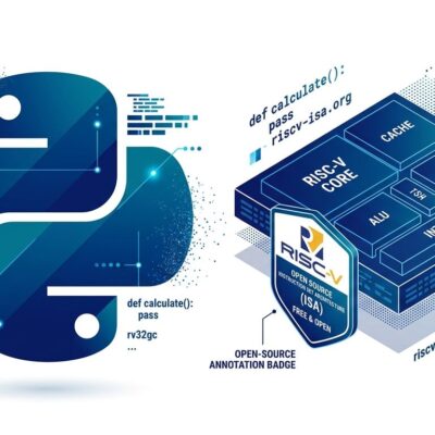 Python logo and RISC-V chip symbol side by side representing CPython's first open ISA Tier 3 support
