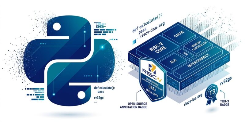 Python logo and RISC-V chip symbol side by side representing CPython's first open ISA Tier 3 support
