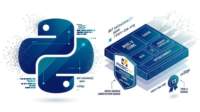 Python logo and RISC-V chip symbol side by side representing CPython's first open ISA Tier 3 support