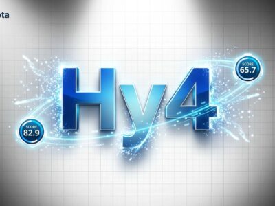 Bold conceptual visualization of Tencent Hy4 770B model with benchmark scores and data particles on blue and white background