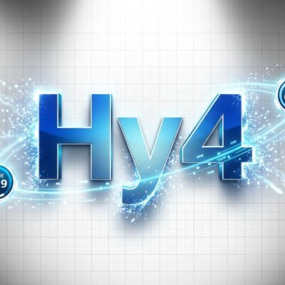 Bold conceptual visualization of Tencent Hy4 770B model with benchmark scores and data particles on blue and white background