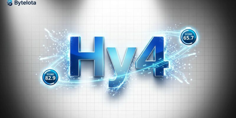 Bold conceptual visualization of Tencent Hy4 770B model with benchmark scores and data particles on blue and white background