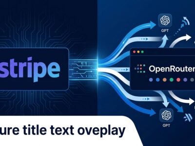 Stripe and OpenRouter logos connected by AI model routing data streams on navy blue background