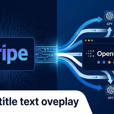 Stripe and OpenRouter logos connected by AI model routing data streams on navy blue background