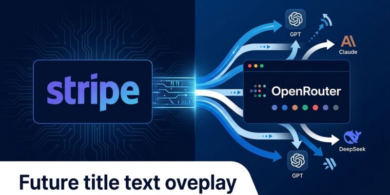 Stripe and OpenRouter logos connected by AI model routing data streams on navy blue background
