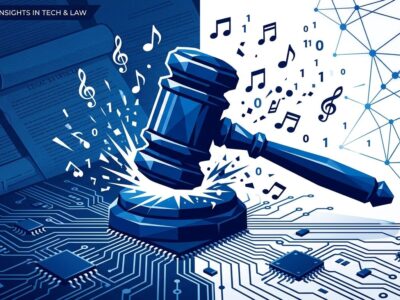 Legal gavel striking a circuit board representing the Sony and Warner copyright lawsuit against Anthropic AI training data piracy