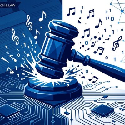 Legal gavel striking a circuit board representing the Sony and Warner copyright lawsuit against Anthropic AI training data piracy