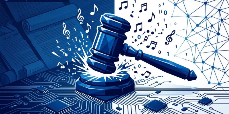Legal gavel striking a circuit board representing the Sony and Warner copyright lawsuit against Anthropic AI training data piracy