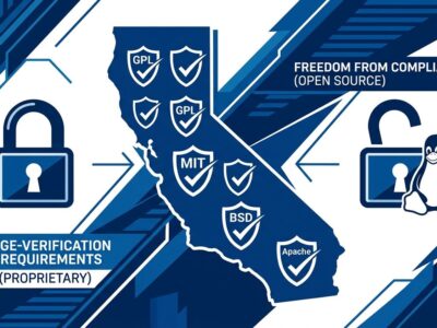 California state outline with open source license shields (GPL MIT BSD Apache) and open padlock symbolizing Linux exemption from age-verification law