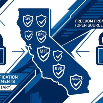 California state outline with open source license shields (GPL MIT BSD Apache) and open padlock symbolizing Linux exemption from age-verification law