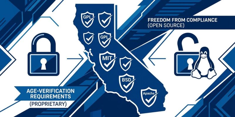 California state outline with open source license shields (GPL MIT BSD Apache) and open padlock symbolizing Linux exemption from age-verification law