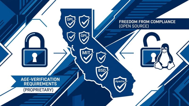California state outline with open source license shields (GPL MIT BSD Apache) and open padlock symbolizing Linux exemption from age-verification law