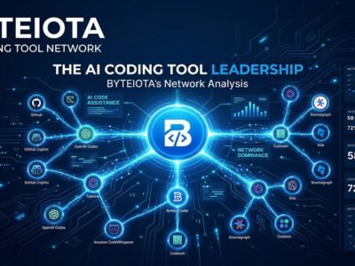 Network graph visualization showing AI coding tool adoption rankings with Claude Code dominant, representing JetBrains 2026 developer survey results