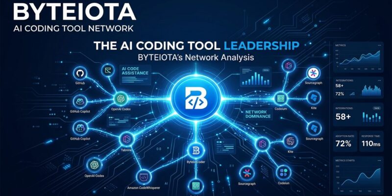 Network graph visualization showing AI coding tool adoption rankings with Claude Code dominant, representing JetBrains 2026 developer survey results