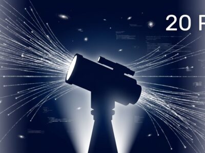 Conceptual illustration of the Roman Space Telescope with data streams and the text 20 PB against a deep space background