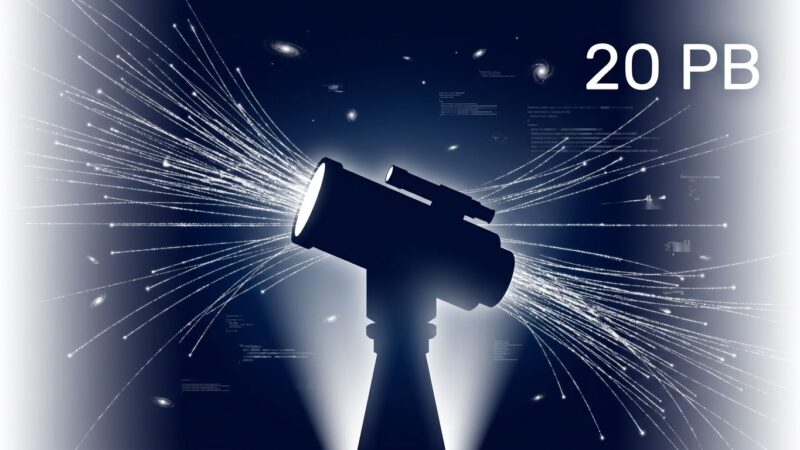 Conceptual illustration of the Roman Space Telescope with data streams and the text 20 PB against a deep space background