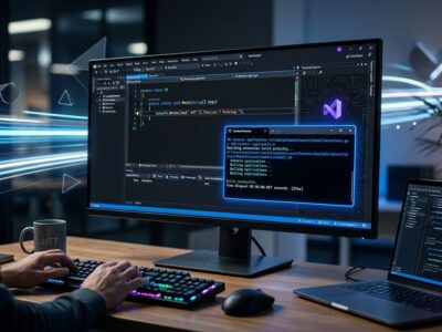 .NET 11 Preview 7 featured image showing fast terminal compilation with NativeAOT and blue circuit patterns