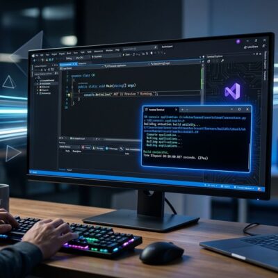 .NET 11 Preview 7 featured image showing fast terminal compilation with NativeAOT and blue circuit patterns