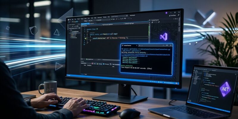 .NET 11 Preview 7 featured image showing fast terminal compilation with NativeAOT and blue circuit patterns
