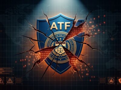 ATF shield badge with digital cracks representing the Qilin ransomware breach of ATF systems