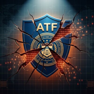 ATF shield badge with digital cracks representing the Qilin ransomware breach of ATF systems